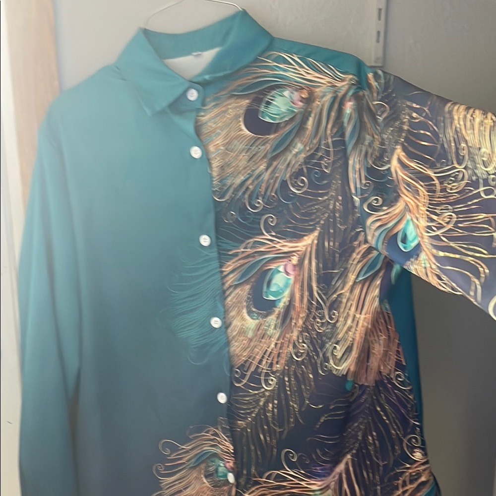 Green and Blue Casual Button Down Shirt with Unique Split Design
